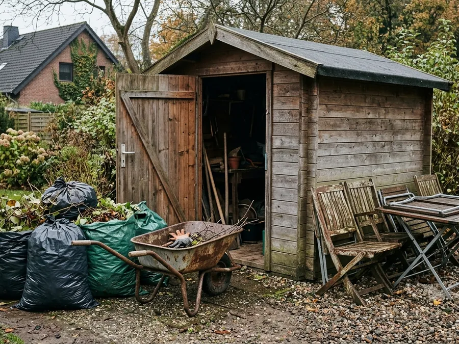 Leer geräumte Gartenlaube mit offener Tür und gefegtem Boden nach der Gartenentrümpelung in Hannover (KI-Beispielbild)