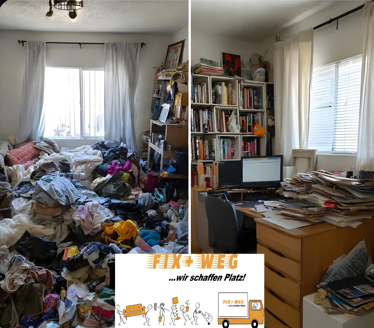 Vorher und nachher: Wohnzimmer vor und nach der Entrümpelung durch Fix + weg
